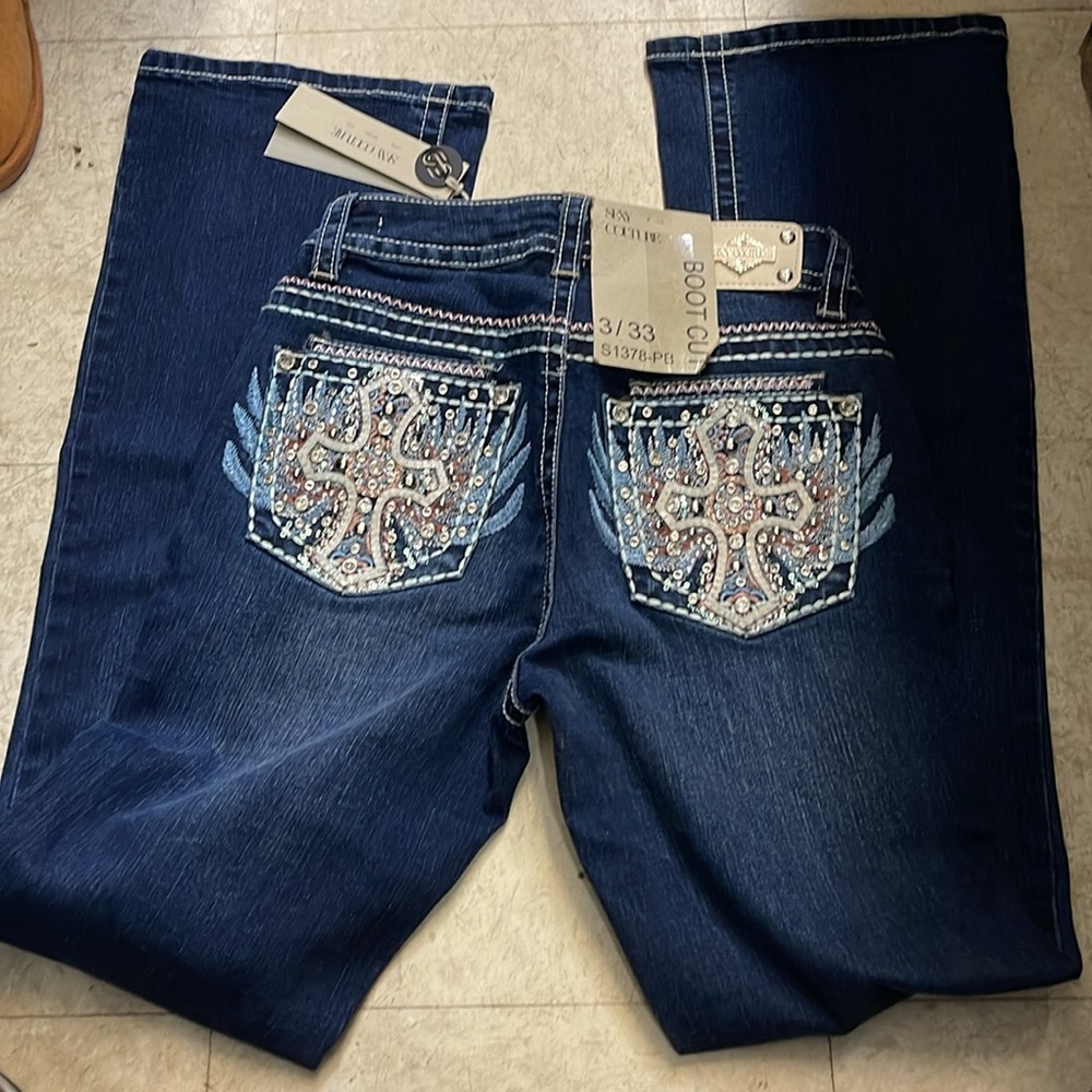Sexy Couture Rhinestone Cross Pocket Stretch Denim Blue Jeans SZ - Picture 2 of 7